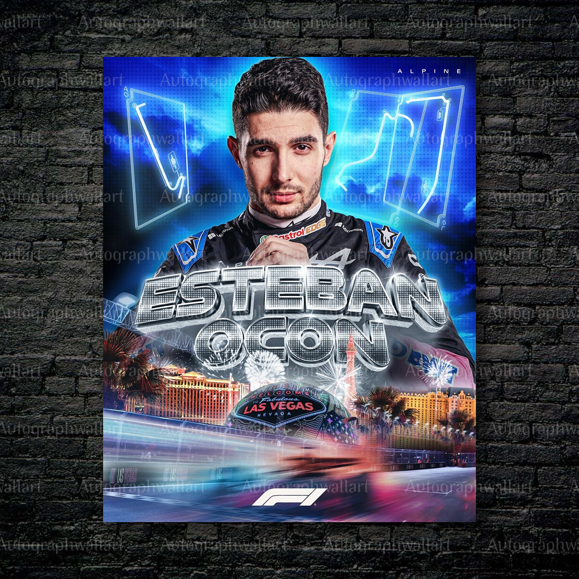 Esteban Ocon in Alpine F1 car at 2024 Las Vegas Grand Prix under night lights